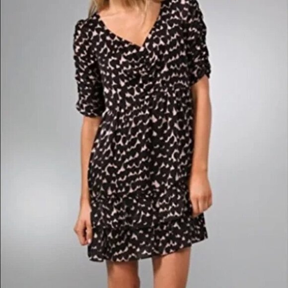Juicy Couture 100% Silk Black Heart Print Dress Ruffled Hem - Picture 1 of 9